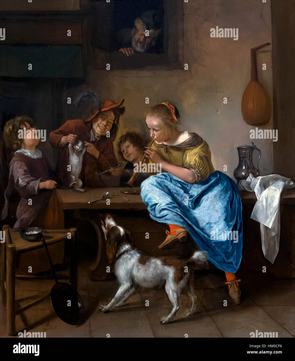 Los niños enseñar a un gato a la danza, el baile lección, por Jan Steen, 1660-79, óleo sobre panel, Rijksmuseum, Amsterdam, Países Bajos, Europa Foto de stock