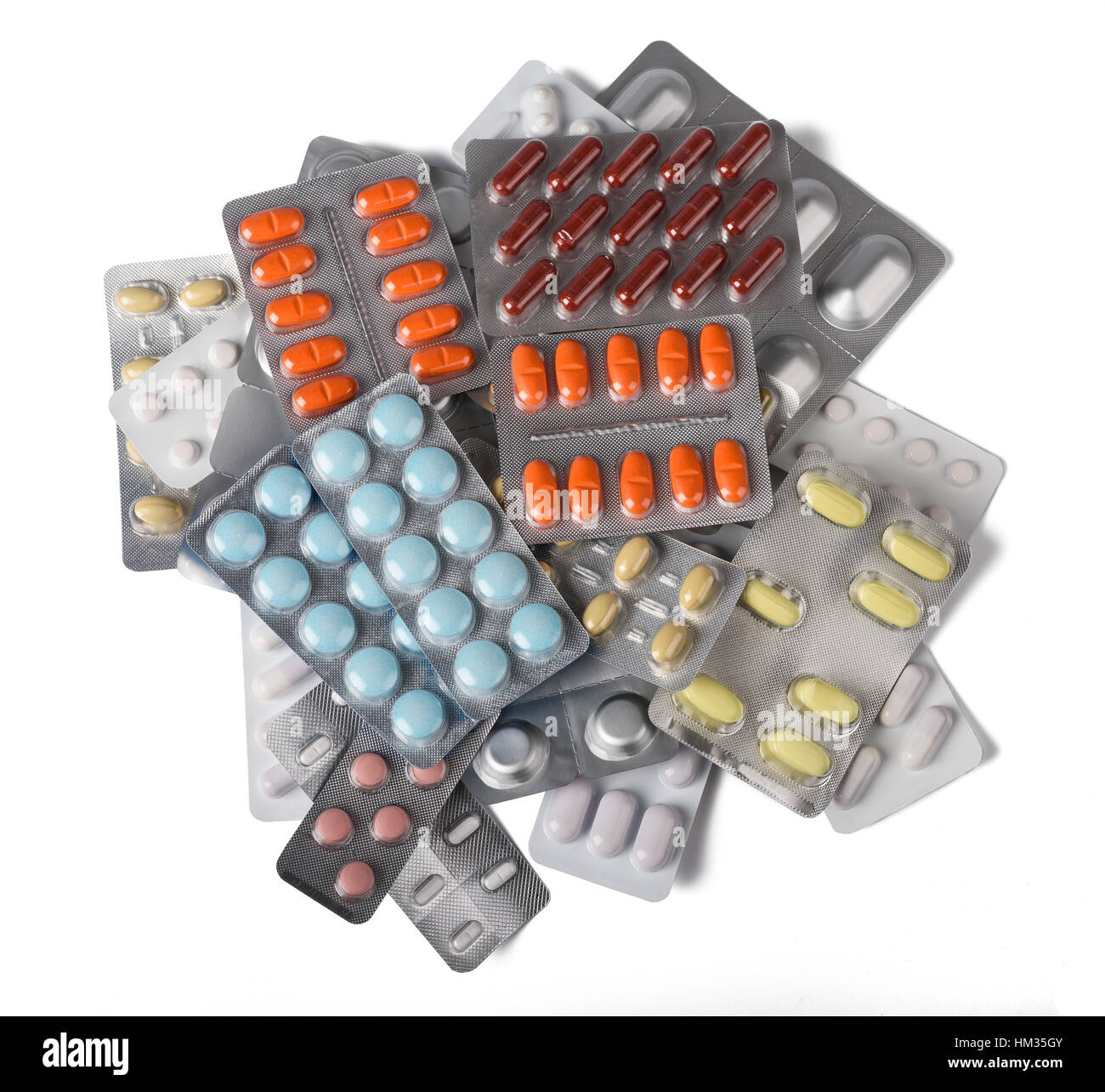 Grupo de medicamentos en blister aislado en blanco Foto de stock