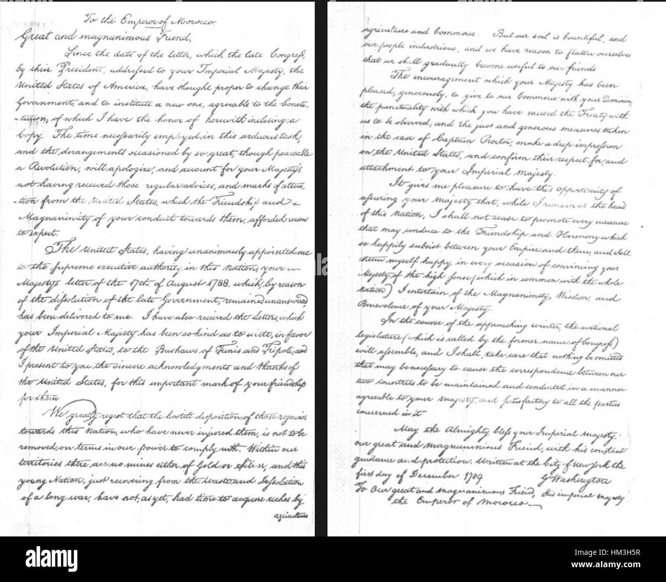 Carta de George Washington a Mohammed Ben Abdallah en el reconocimiento de la firma del Tratado de Paz y Amistad firmado en Marrakech en 1787 Foto de stock
