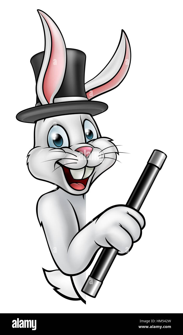 Una caricatura conejo blanco mago personaje peeking alrededor un signo  llevar un sombrero y sosteniendo una varita mágica Fotografía de stock -  Alamy