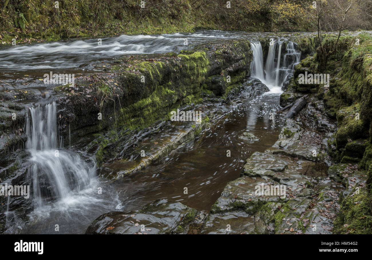 Sgwd y Pannwr, caída de Fuller, Afon, Ystradfellte Mellte, cuatro cascadas, Brecon Beacons. Foto de stock