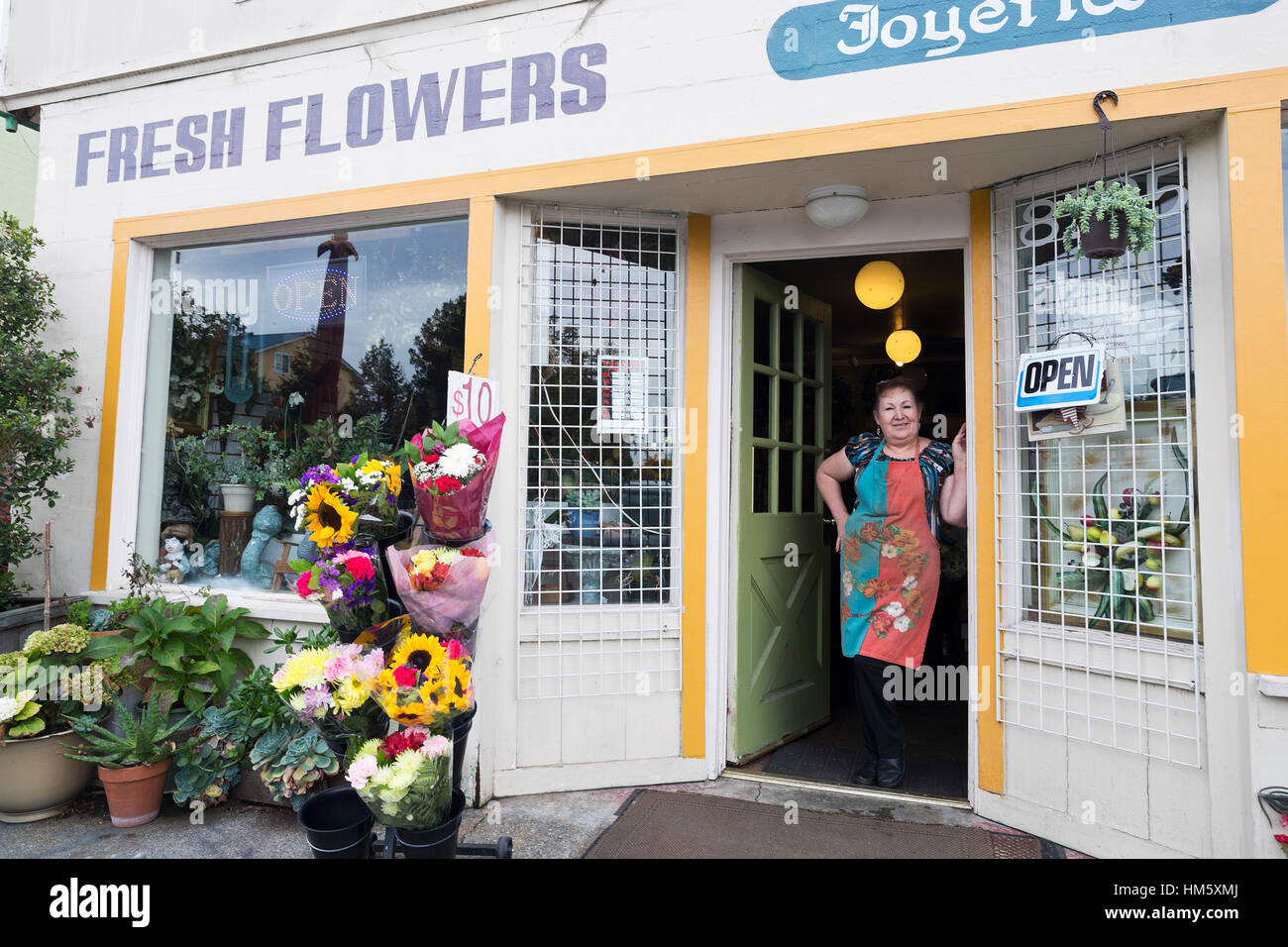 Retrato de mujer floristería de pie en portada de flower shop Foto de stock