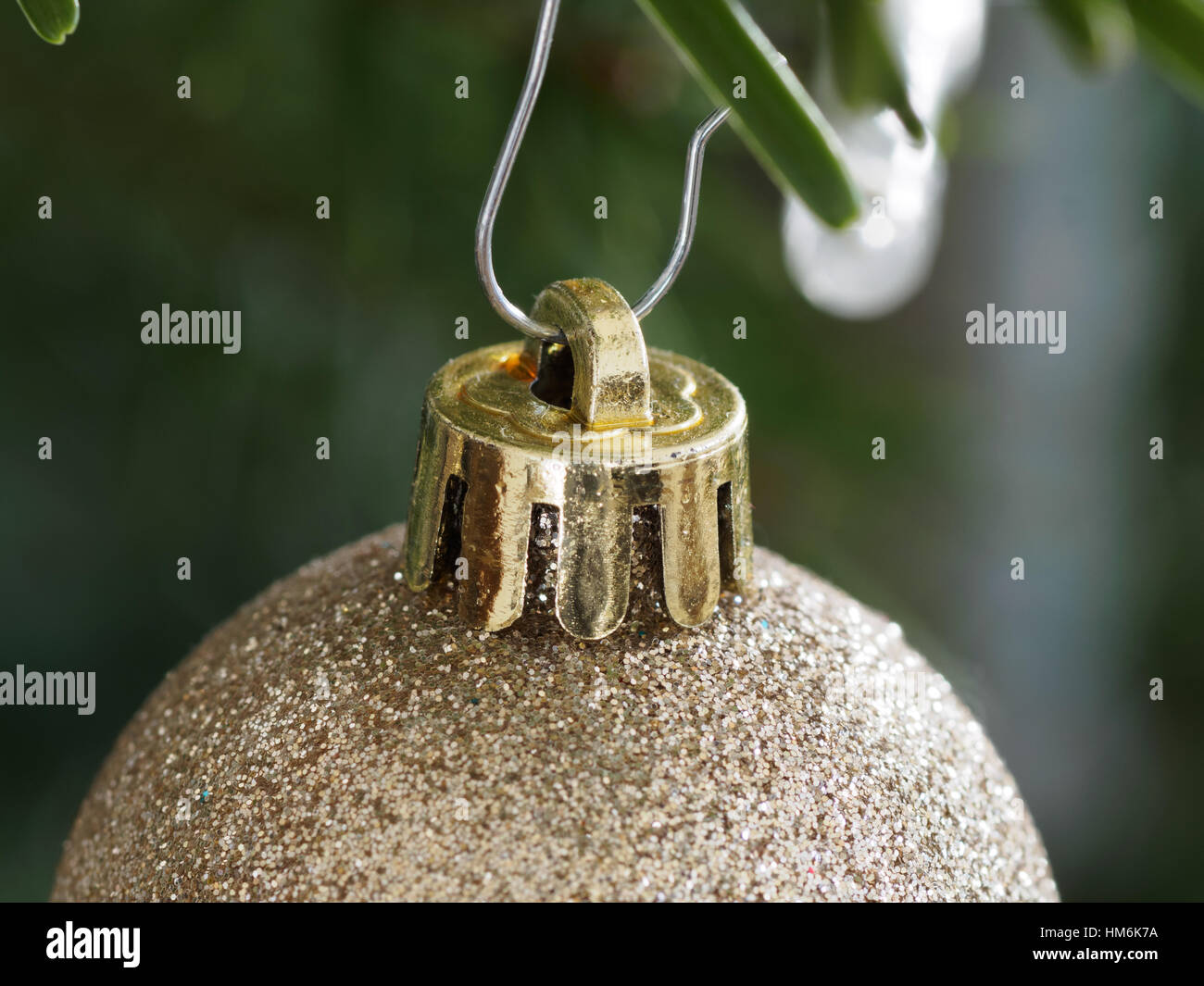 Adornos de oro colgando de una rama de árbol de Navidad. Profundidad de campo Foto de stock
