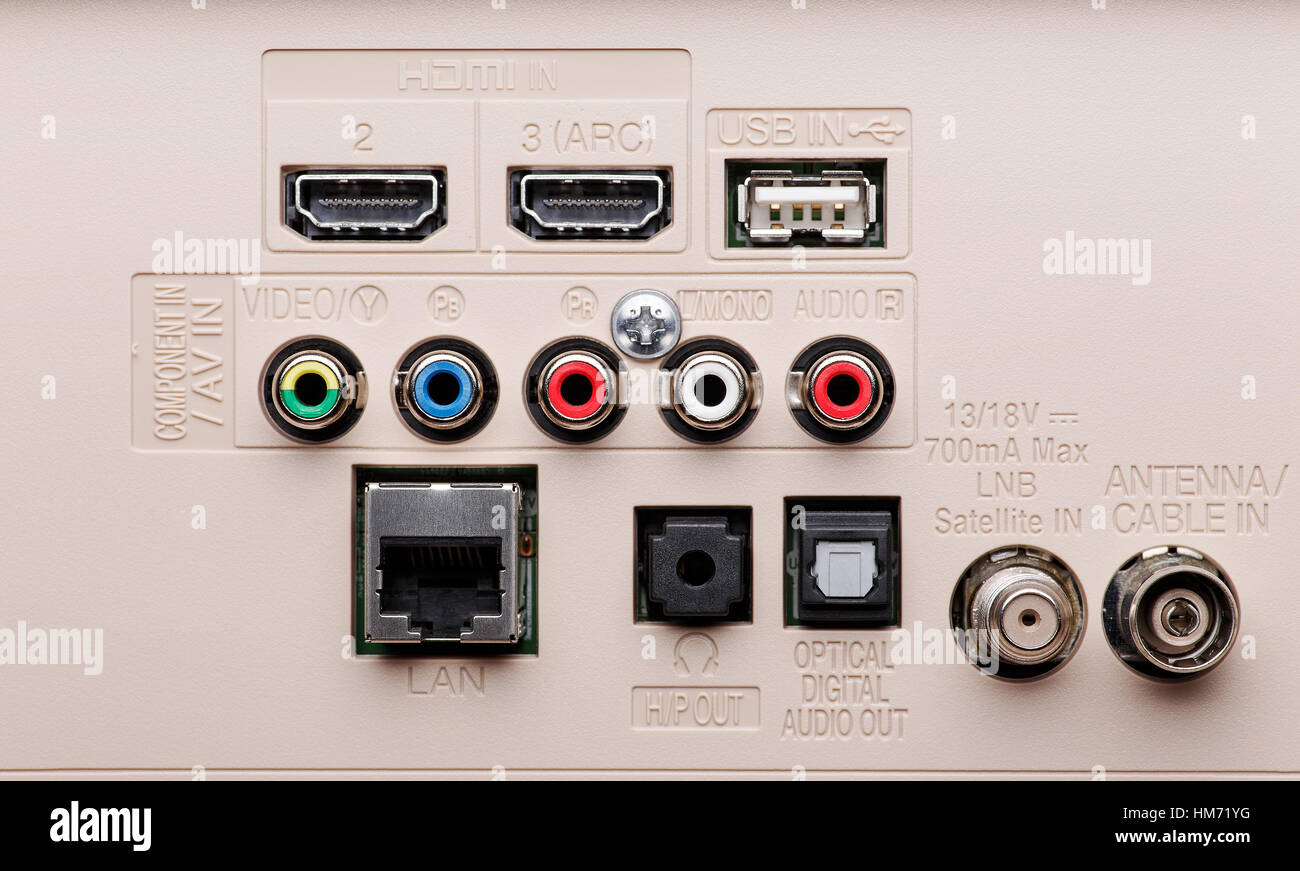 Conectores de entrada y salida de la televisión moderna de instrumentos.  Hdmi, Lan, componente AV, USB y etc Fotografía de stock - Alamy