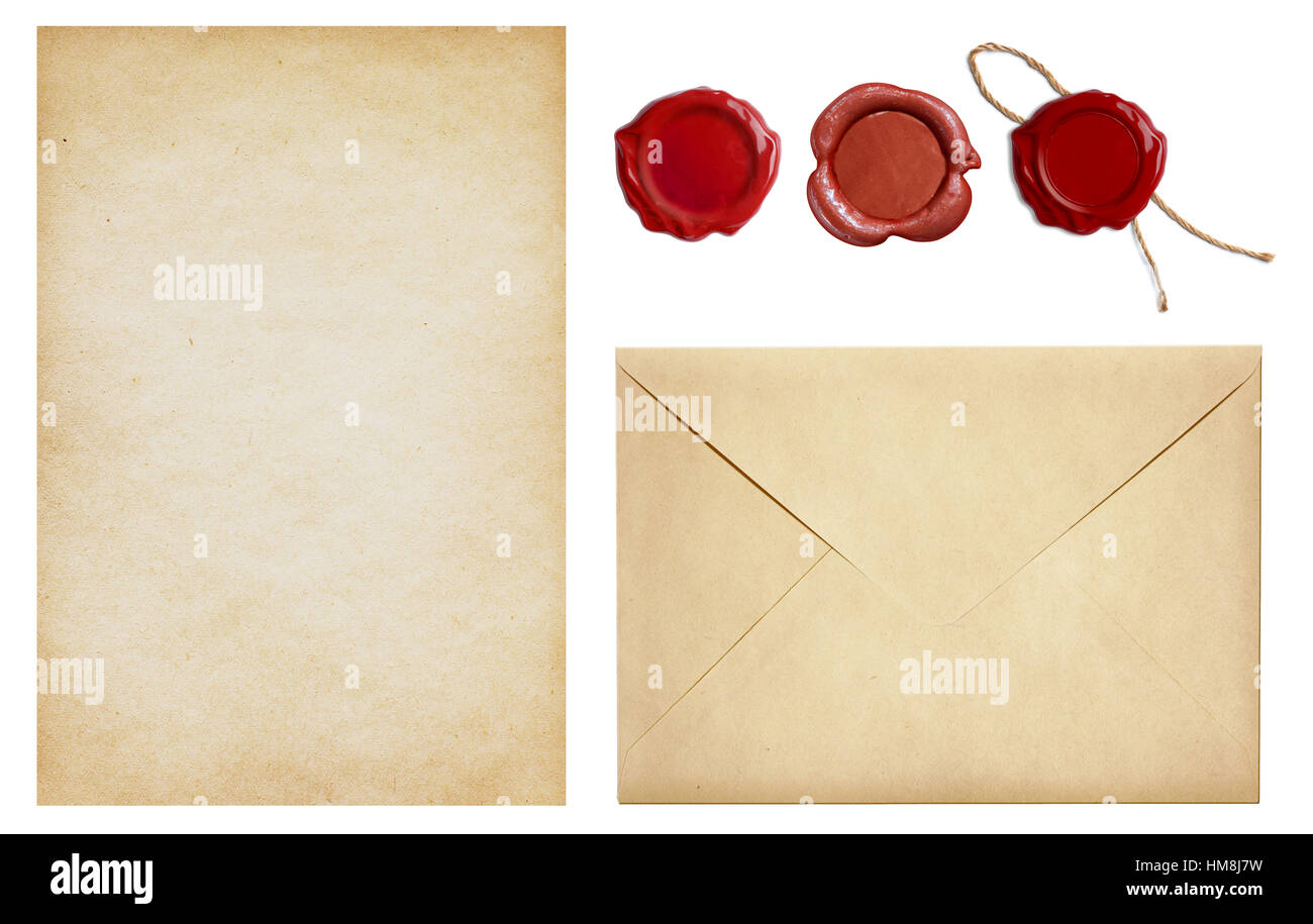Casco de sobres y papel de carta con sello de lacre sellos conjunto aislado Foto de stock