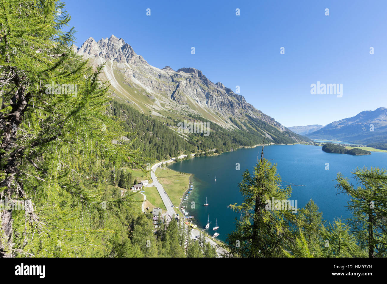 Vista del Lago Azul de Sils Plaun da Lej, Cantón de Graubunden, Engadin, Suiza Foto de stock