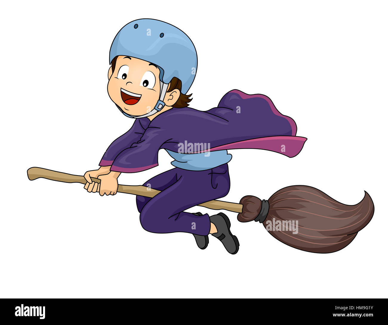 Ilustración de un poco de brujo usar un casco mientras monta una escoba  Fotografía de stock - Alamy