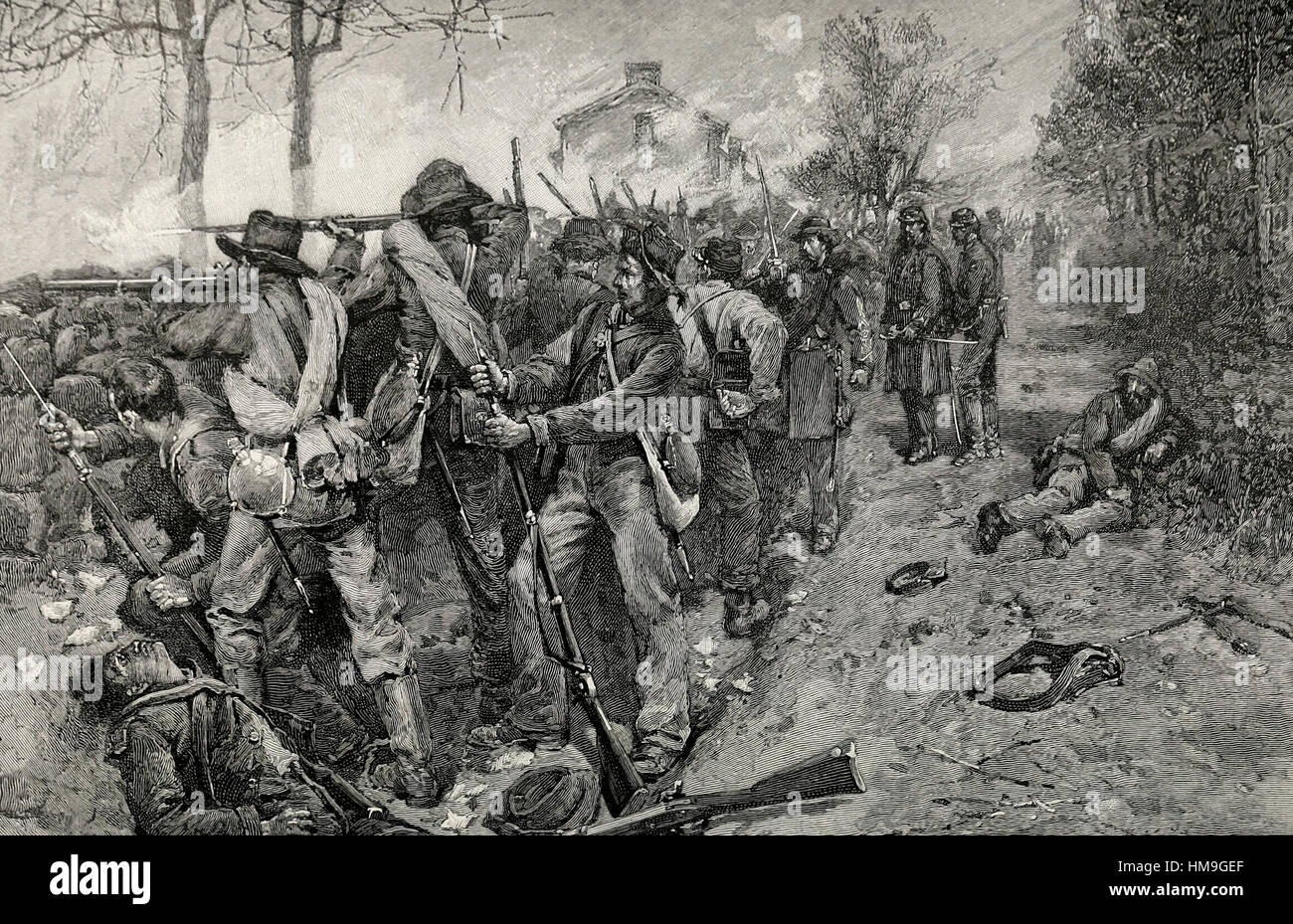 Cobb's y las tropas de Kershaw - detrás de la pared de piedra - Batalla de Fredericksburg - Guerra Civil EE.UU. Foto de stock