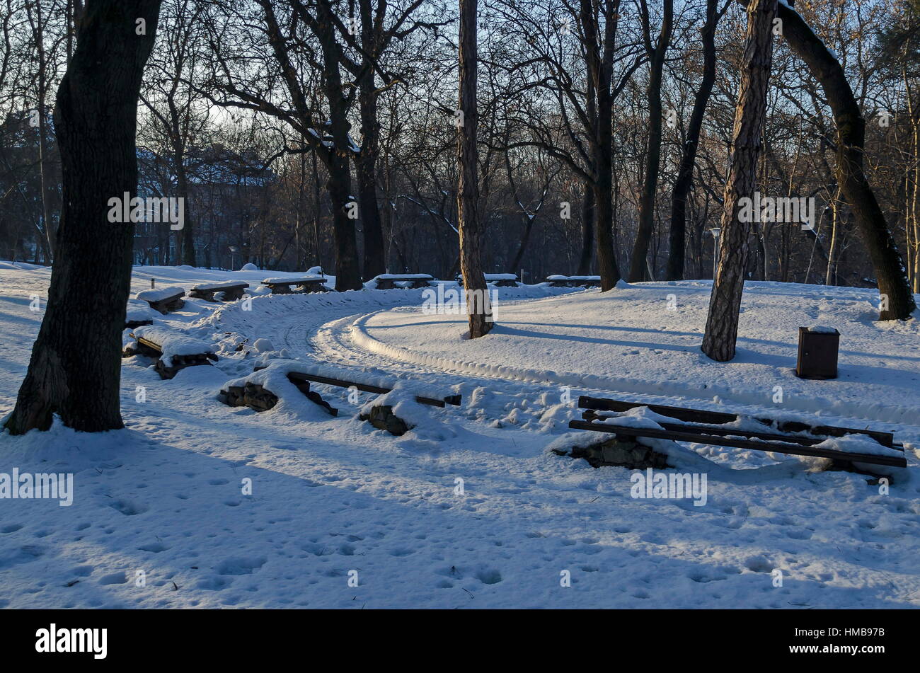 Escena de invierno con un banco del parque, Sofía, Bulgaria Foto de stock