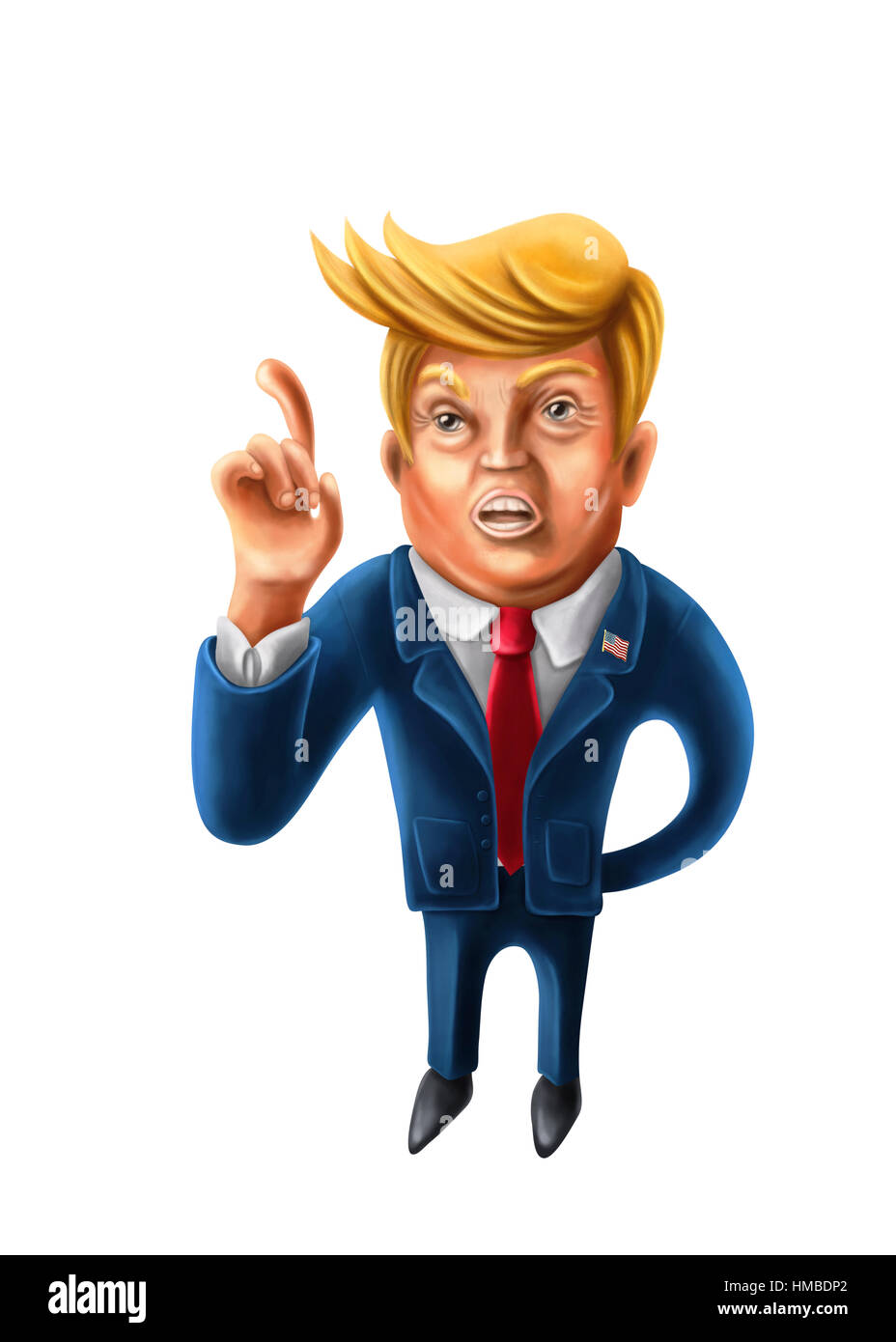 Enero 2, 2017: Cartoon caricatura de presidente Donald Trump con el dedo índice apunta hacia arriba Foto de stock