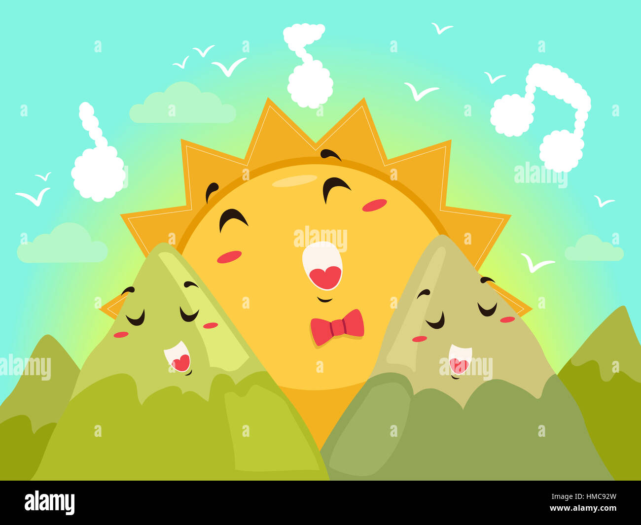 Ilustración de una mascota Sol cantando alegremente con dos mascotas de  montaña Fotografía de stock - Alamy