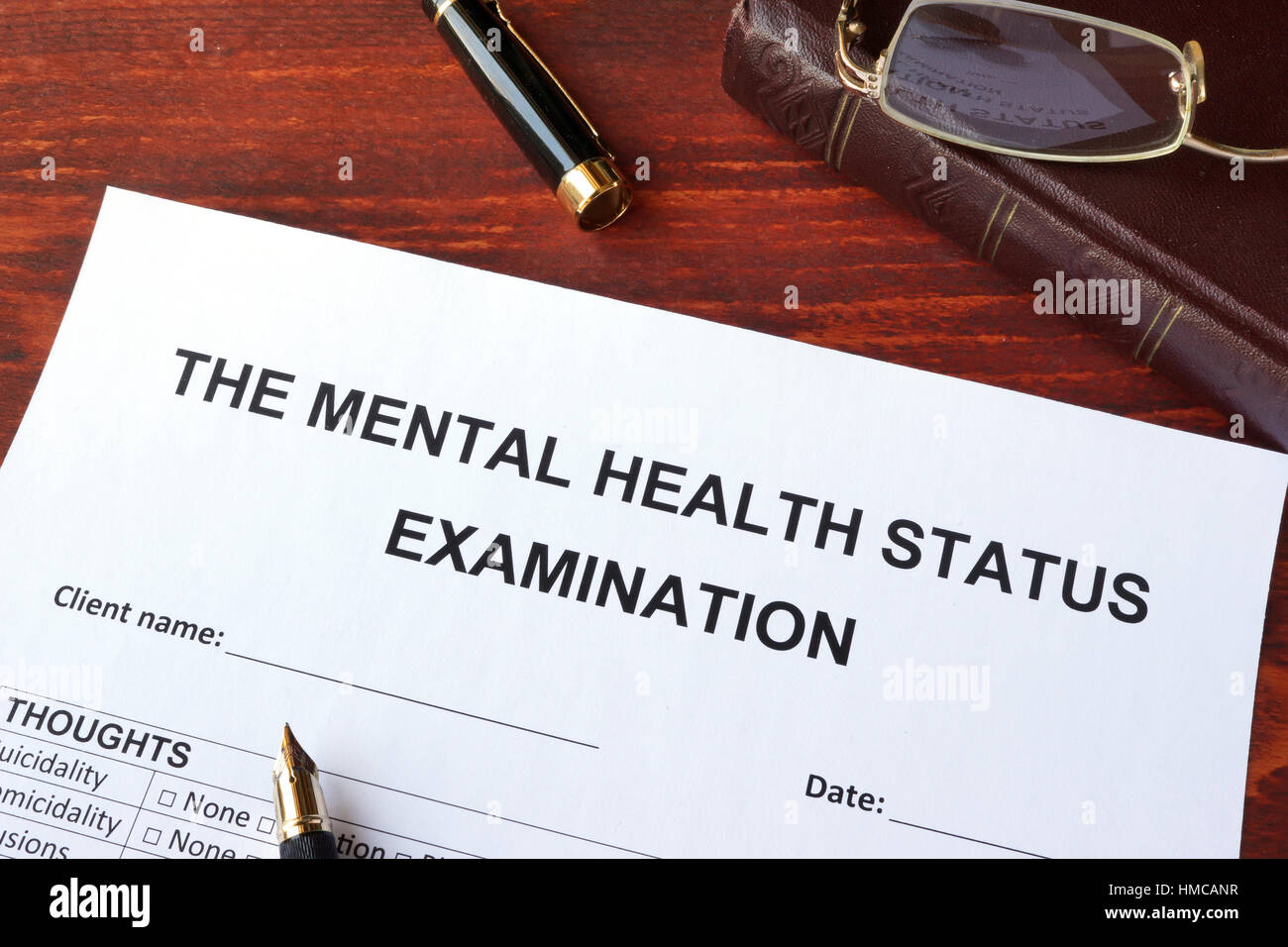 El examen del estado de salud mental (MSE) formulario sobre una superficie. Foto de stock
