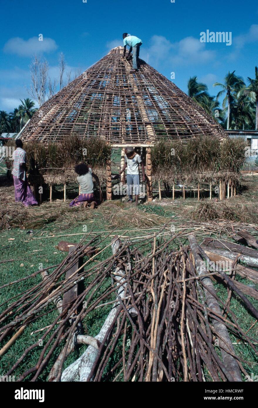 La construcción de una choza, Lifou Isla, Islas de la Lealtad, Nueva Caledonia, territorio francés de ultramar. Foto de stock