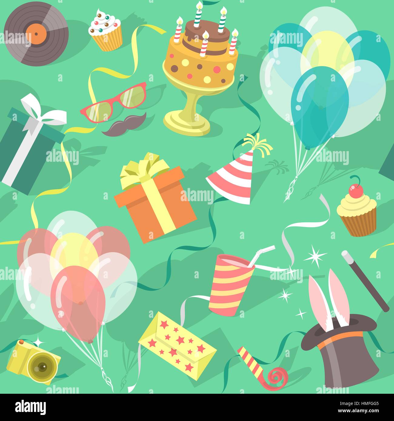 Piso moderno vector patrón fiesta de cumpleaños perfecta con coloridos iconos de cajas de regalo, globos, torta de cumpleaños, trucos de magia, gorro de fiesta etc. invitación Ilustración del Vector