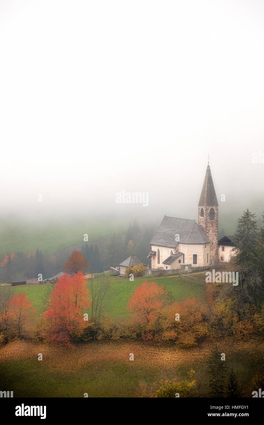 Niebla y coloridos árboles rodean la iglesia alpino en el otoño, Santa Magdalena, Funes Valle, Tirol del Sur, Dolomitas, Italia Foto de stock