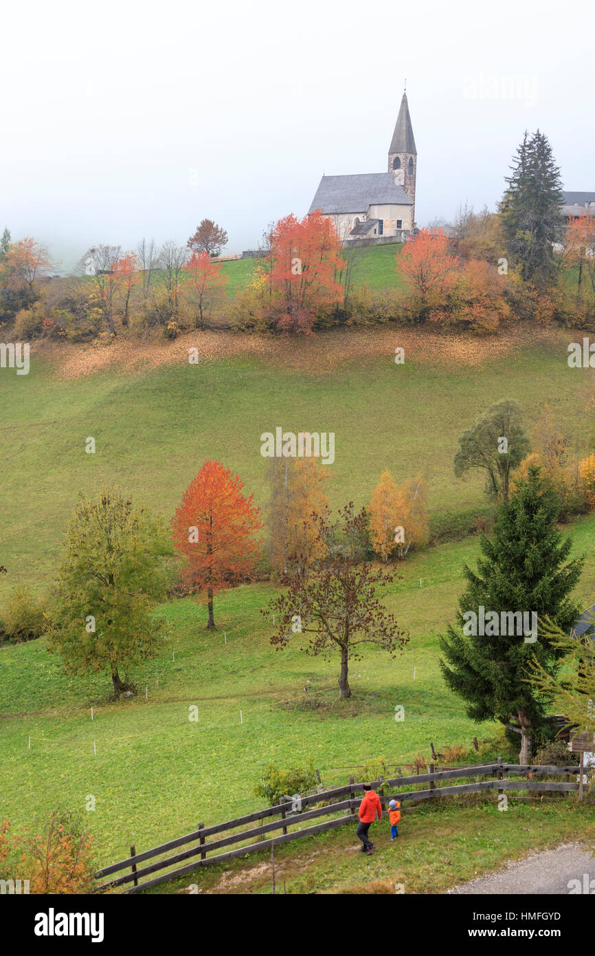 Niebla y coloridos árboles rodean la iglesia alpino en el otoño, Santa Magdalena, Funes Valle, Tirol del Sur, Dolomitas, Italia Foto de stock
