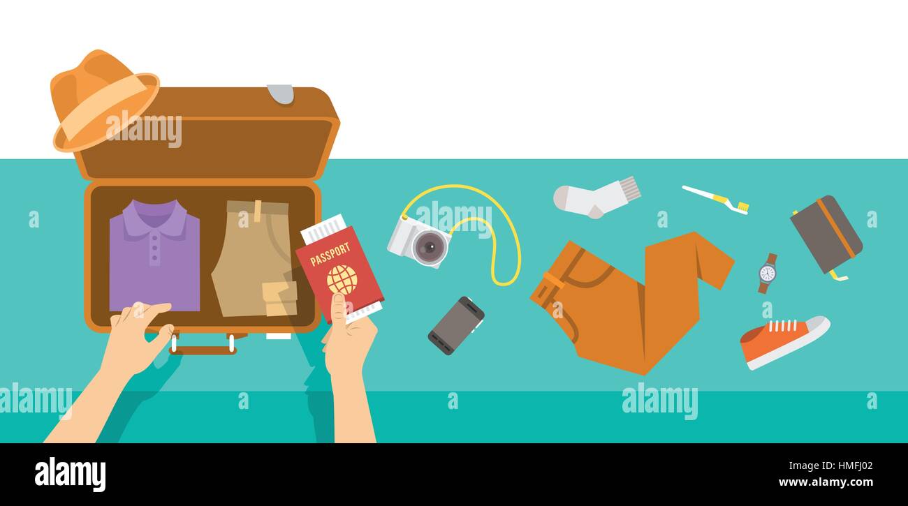 Embalaje esenciales para viajar en avión: ropa y accesorios esenciales en  una maleta de mano, Vacaciones y turismo concepto, laicos plana Imagen  Vector de stock - Alamy