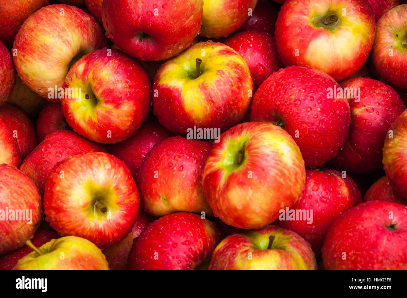 Un primer plano de una canasta de manzanas rojas para venta a Alyce y Rogers puesto de frutas en el Monte Tremper, Nueva York, Estados Unidos. Foto de stock