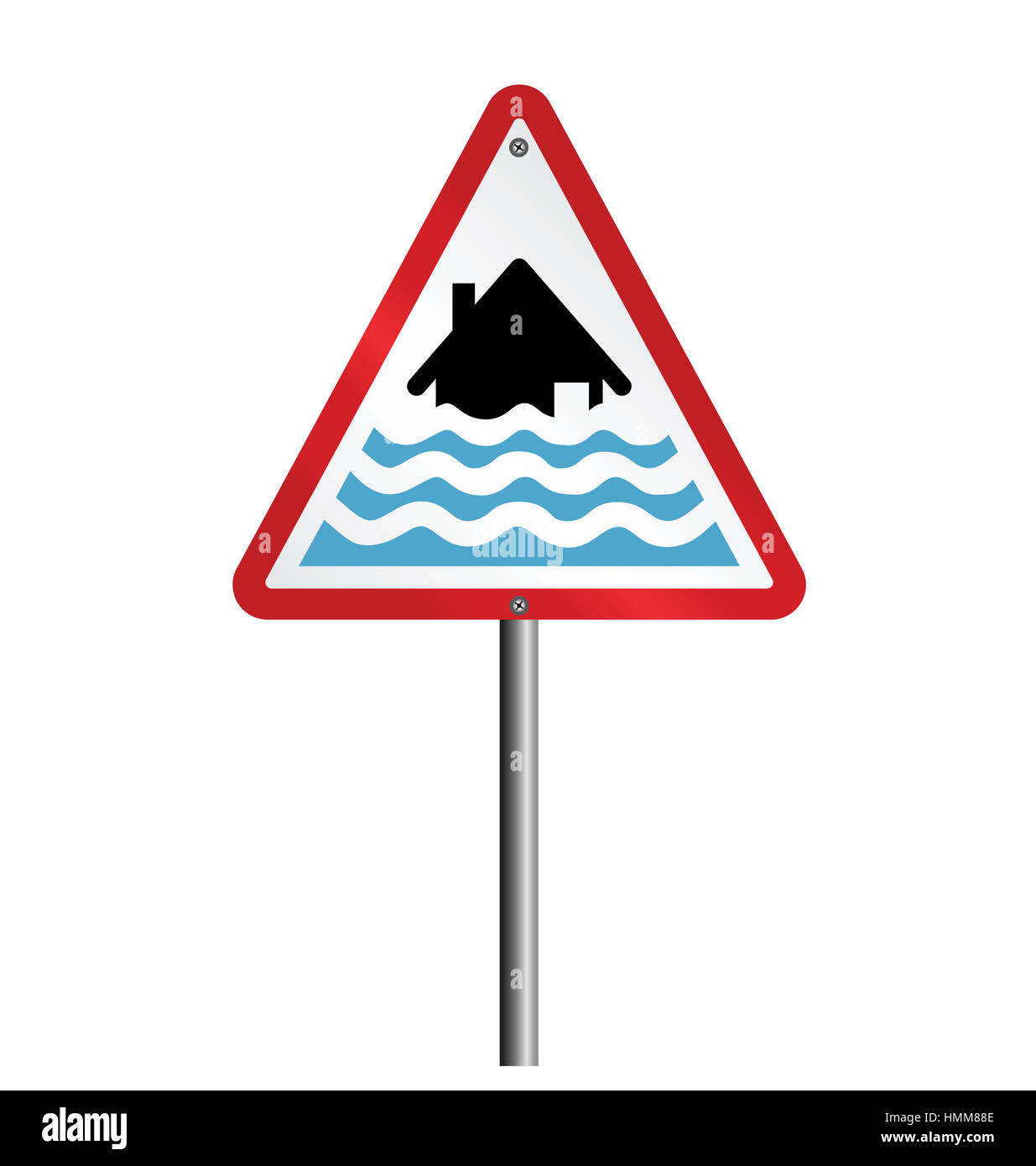 Señal de advertencia de alerta de inundaciones severas fijo en post aislado  sobre fondo blanco Fotografía de stock - Alamy
