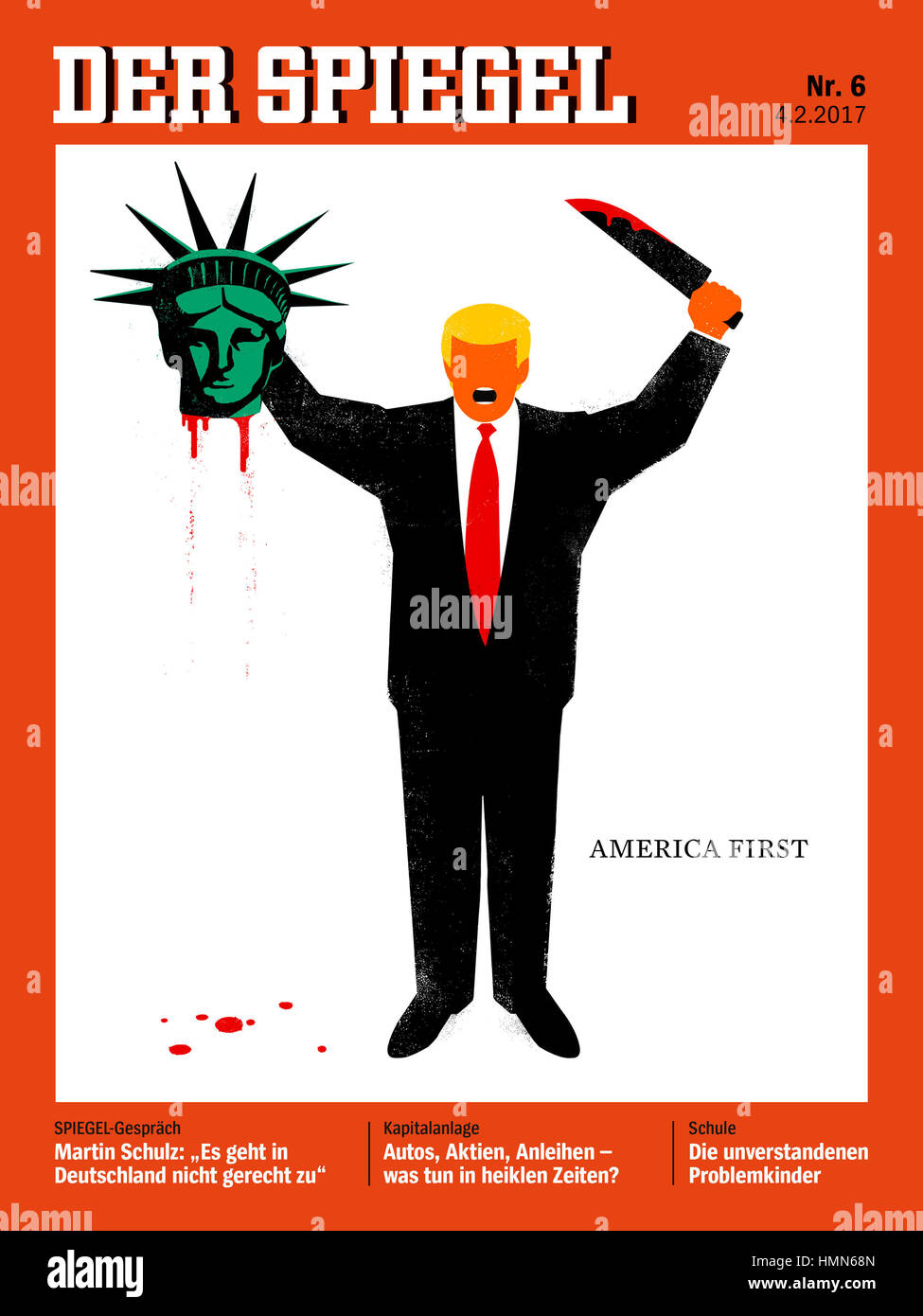 Folleto - imagen promocional disponible el 04 de febrero de 2017 muestra la  portada de la revista alemana "Der Spiegel", edición nº 6/2017,  representando al Presidente de los Estados Unidos Trump sosteniendo
