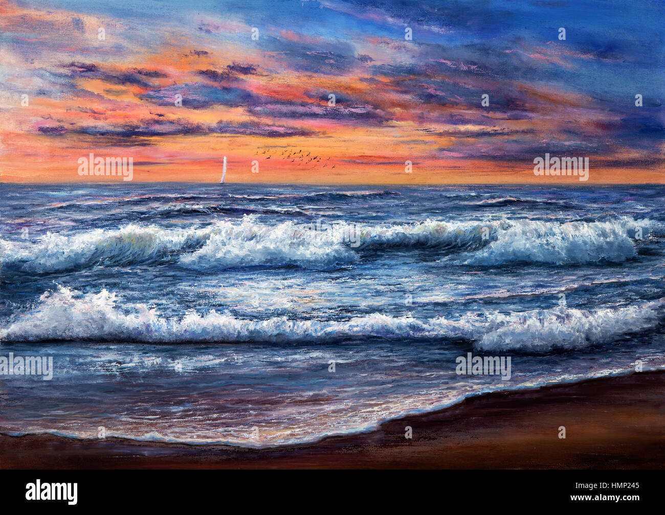 Pintura al óleo original del Océano y la playa sobre lienzo.rico de oro del  atardecer sobre el océano.impresionismo moderno Fotografía de stock - Alamy