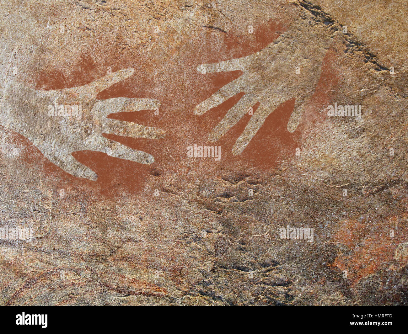 Impresión de mano dos contornos en el estilo de arte rupestre prehistórico, ocre. Foto de stock