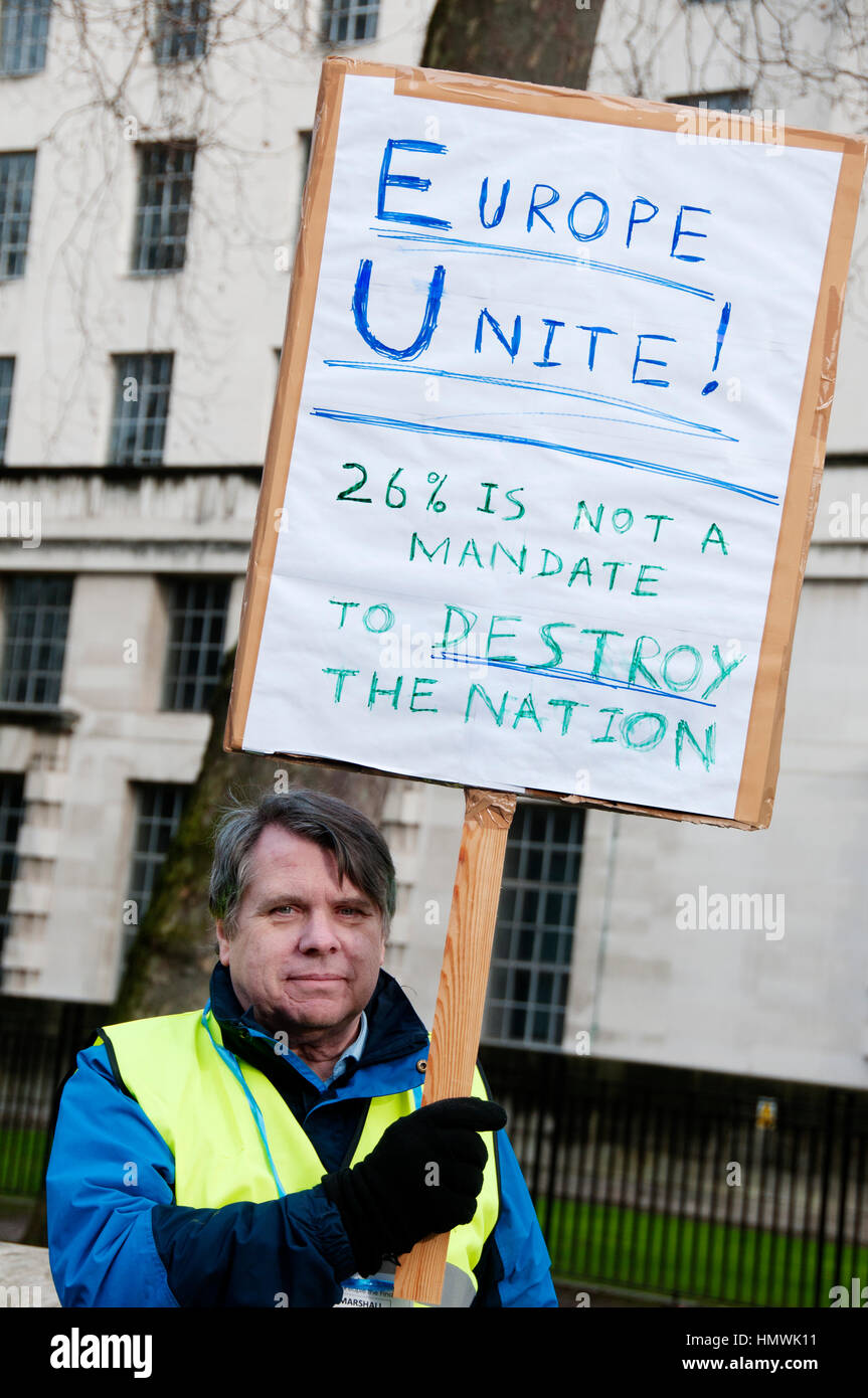 4 de febrero de 2017. Una pequeña manifestación frente a Downing Street por partidarios de permanecer (en la Unión Europea) exigiendo una demora al artículo 50 Foto de stock