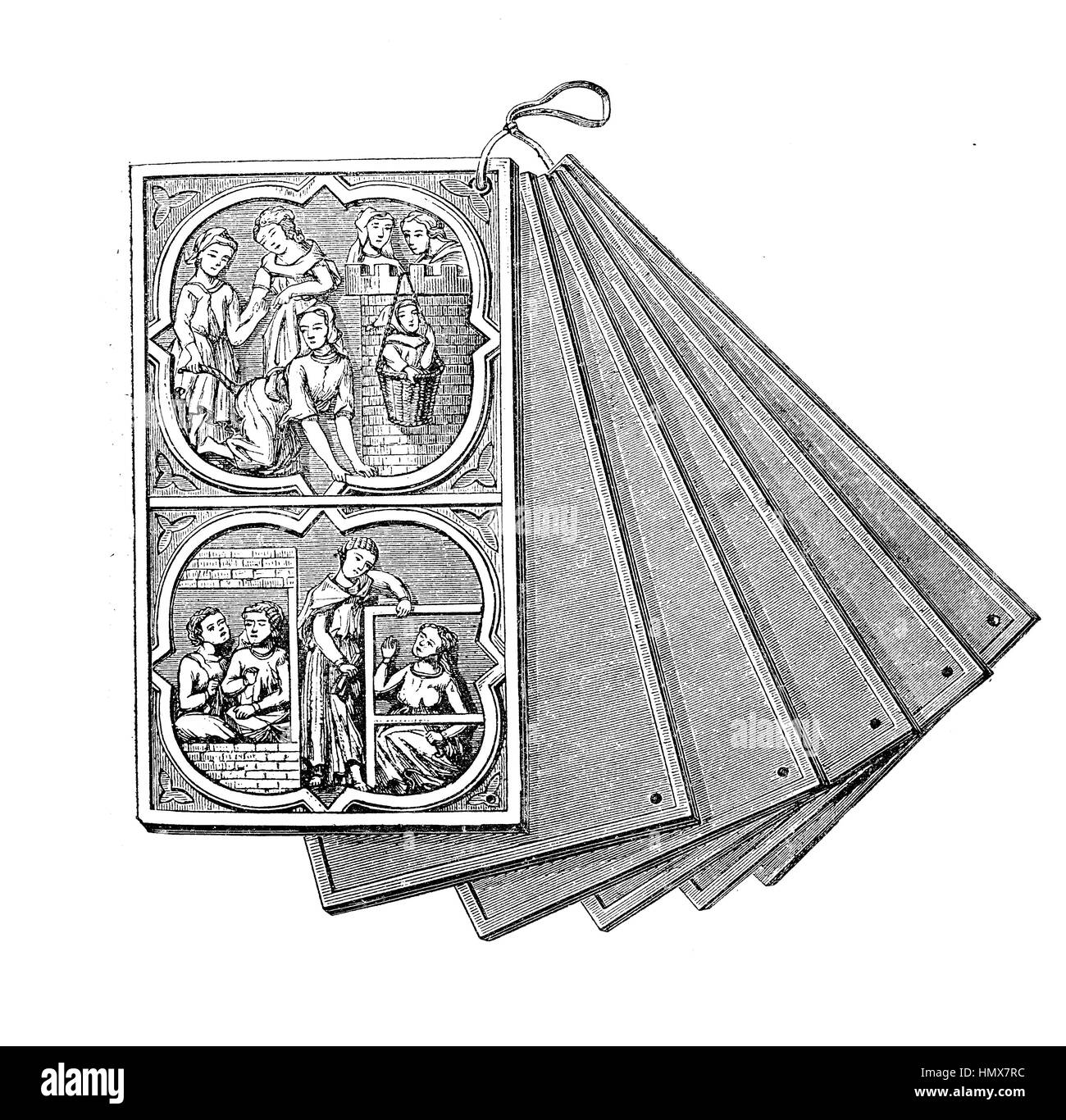 Tabletas de marfil tallado de antigüedades, coleccionables, objetos usados como borrador Foto de stock