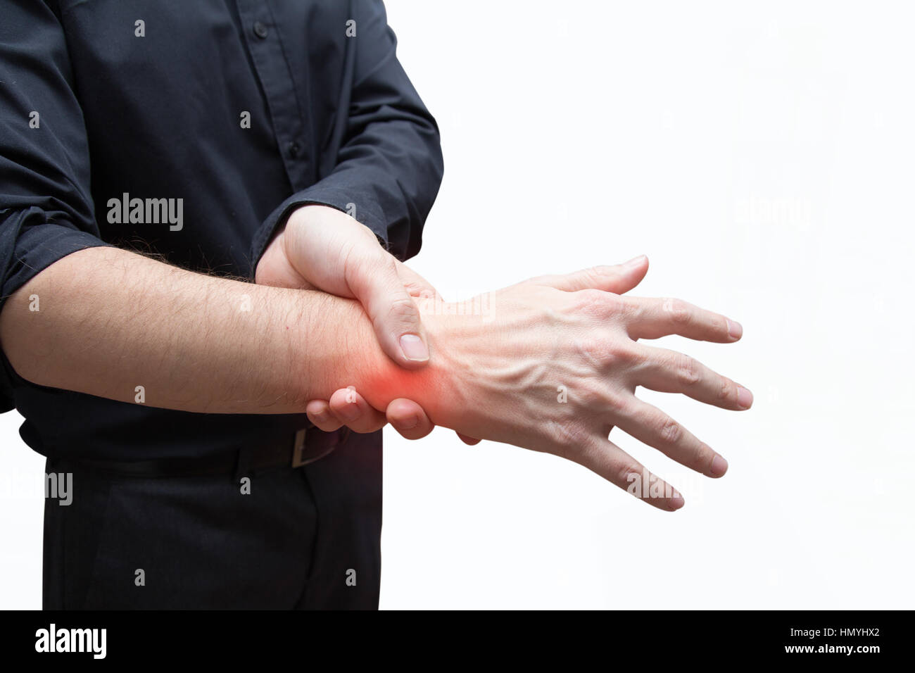 Pulse el hombre doloroso mano Foto de stock