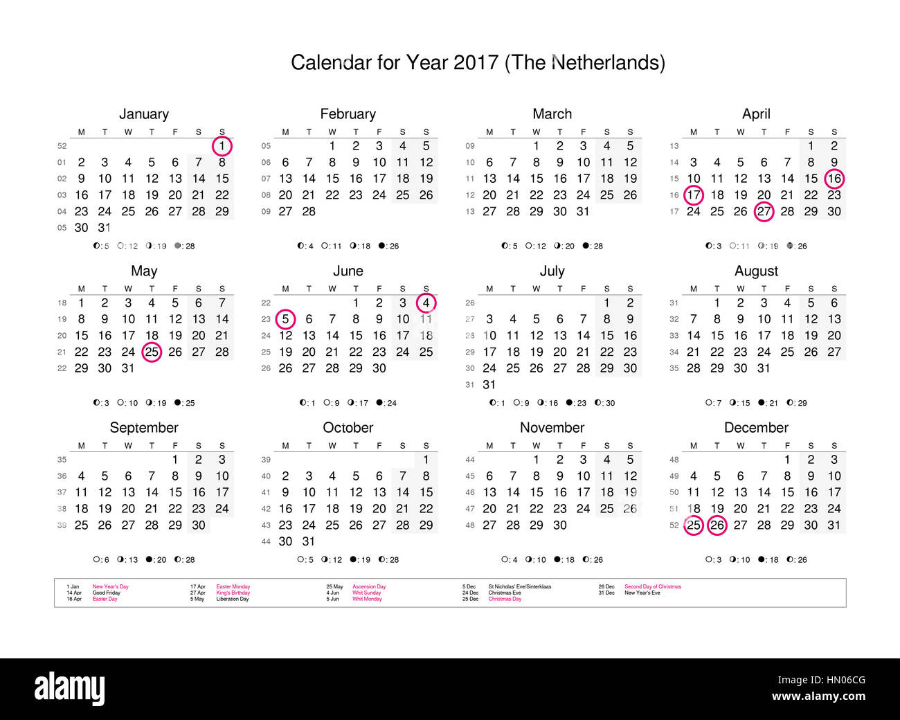 Calendario del año 2017 con los feriados y días festivos para los