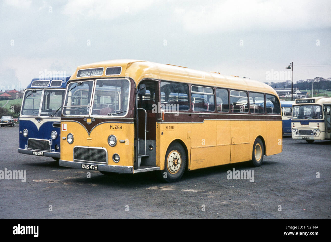 Edimburgo, Reino Unido - 1973: Vintage imagen de autobuses en Edimburgo. Alexander autobuses (inscripciones MWG 365 y 476 kms), estacionado en un patio con Midland autobuses. Foto de stock