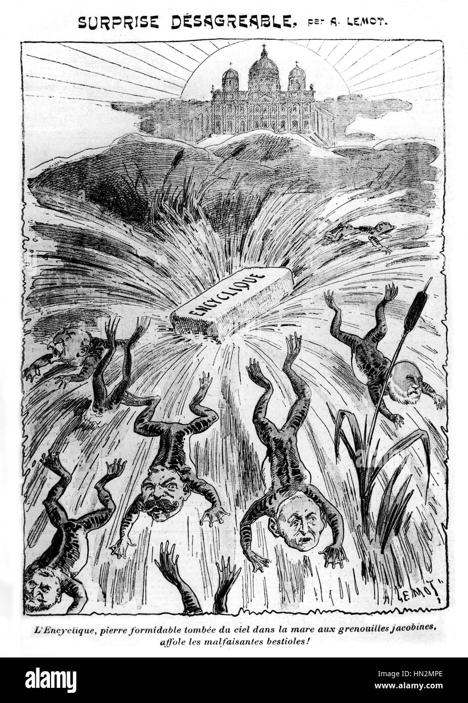 Caricatura por Lemot acerca de la separación de iglesia y estado : "mala sorpresa" Francia de principios del siglo XX. Foto de stock