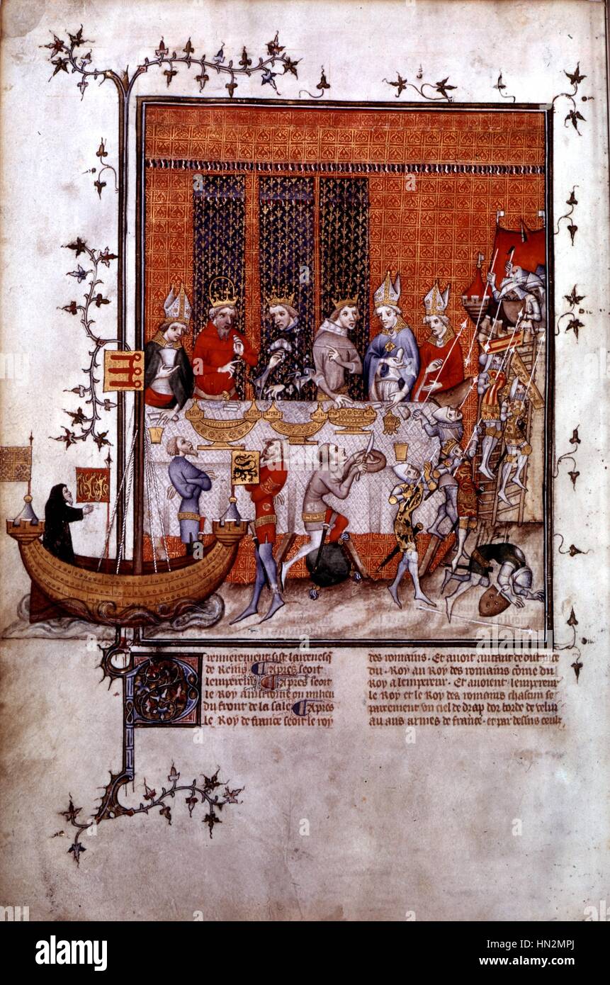 Grandes crónicas de Francia (1375-1379) fiesta ofrecida por Carlos III a su sobrino Charles IV siglo xiv Francia Foto de stock