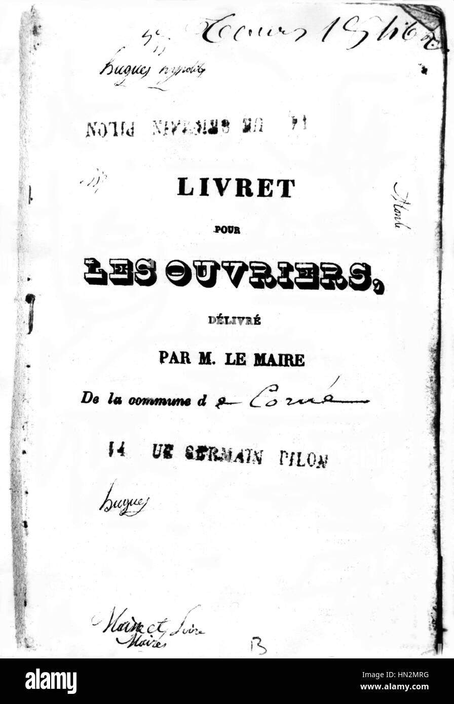 Folleto para los trabajadores franceses (en el que se registran los eventos de su portador y sus acciones syndical) 1844, Francia Foto de stock