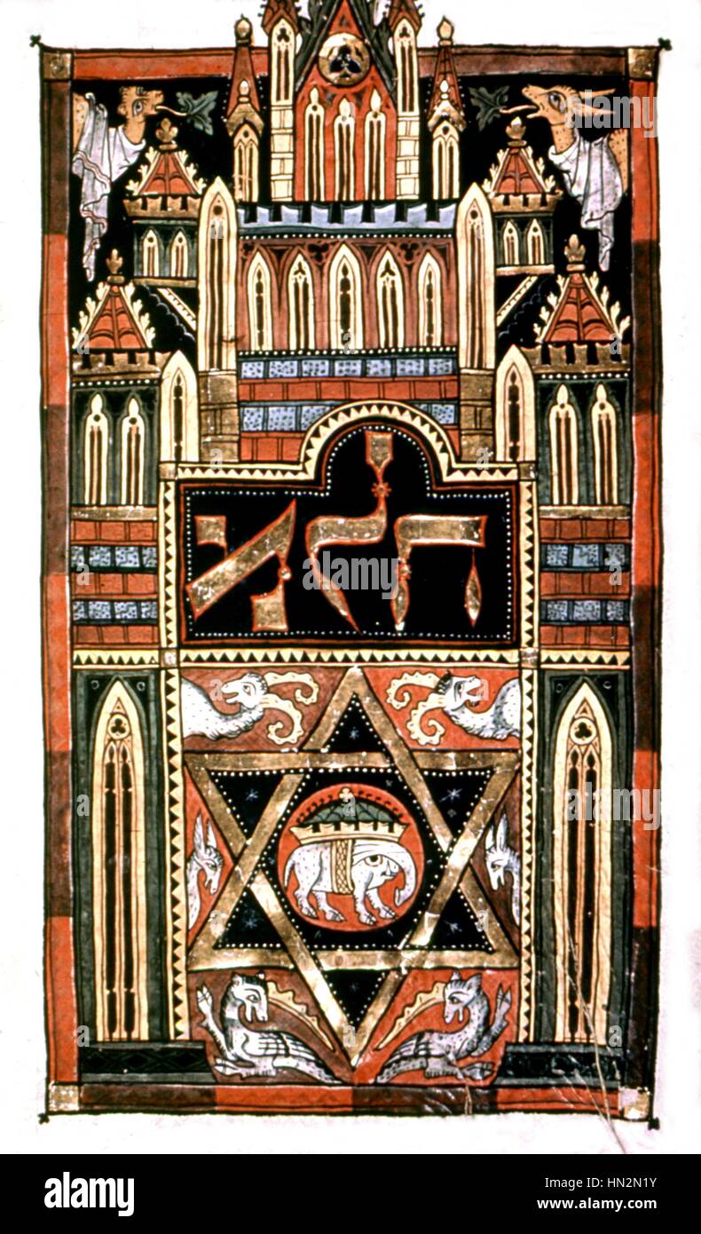 Frontispicio de Deutoronomy Pentateuche hebreo manuscrito del siglo XIII, el British Museum de Londres Foto de stock