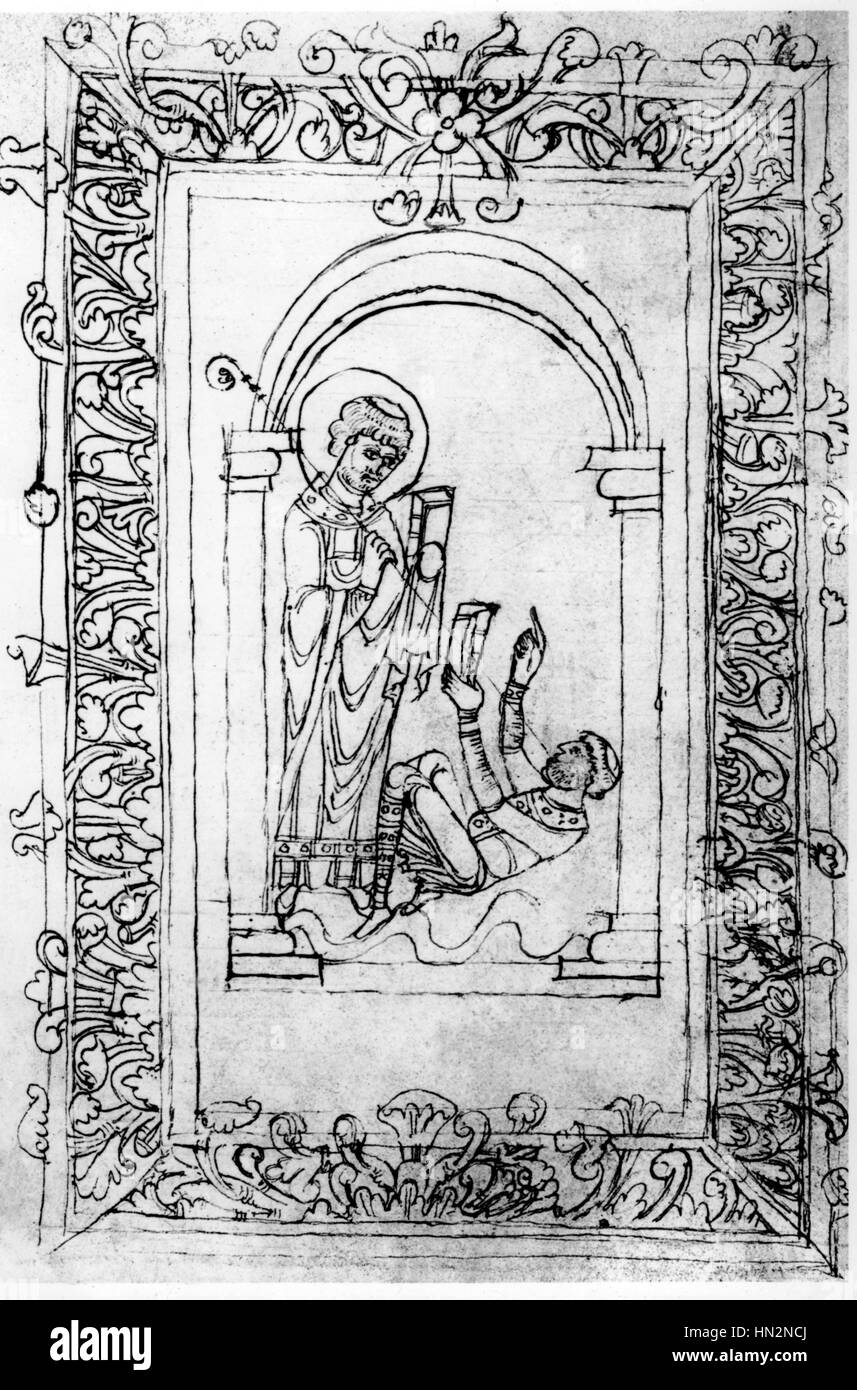 San Agustín golpear el hereje Fausto manuscrito francés del siglo 11, París Bibliotheque Nationale de France Foto de stock