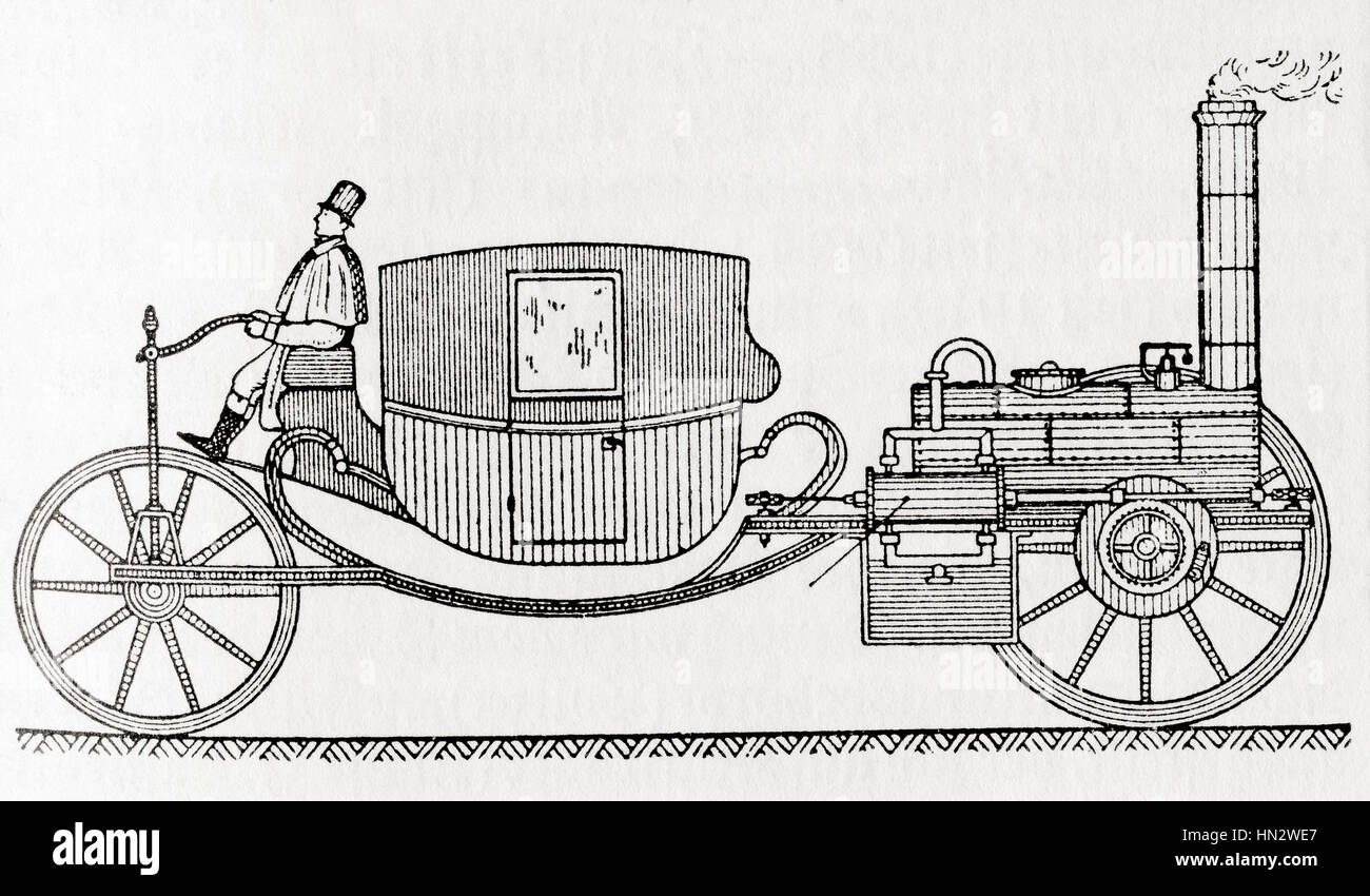 Un carro del siglo XIX alimentado por un motor a vapor. Desde Meyers Lexicon, publicado en 1927. Foto de stock