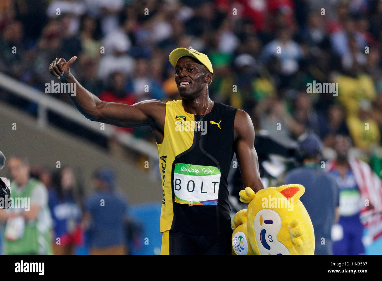 Río de Janeiro, Brasil. 14 de agosto de 2016. El atletismo, el Perno Usian (JAM) gana la medalla de oro en la final masculina de los 100 metros en los Juegos Olímpicos de Verano de 2016. ©Paul J. Foto de stock
