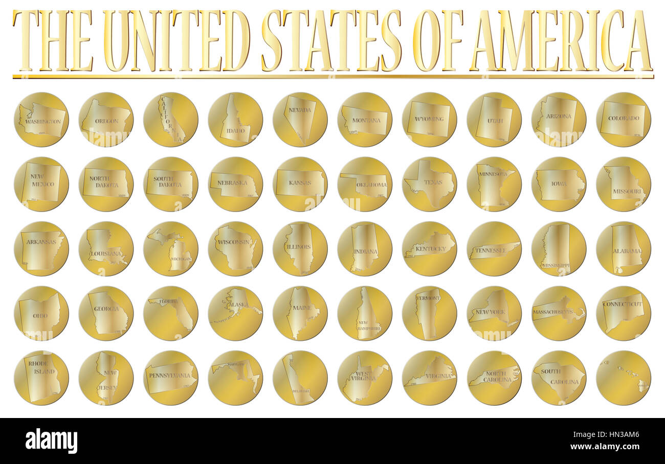 50 monedas de oro en representación de los 50 estados de los EE.UU. aislado sobre un fondo blanco. Foto de stock