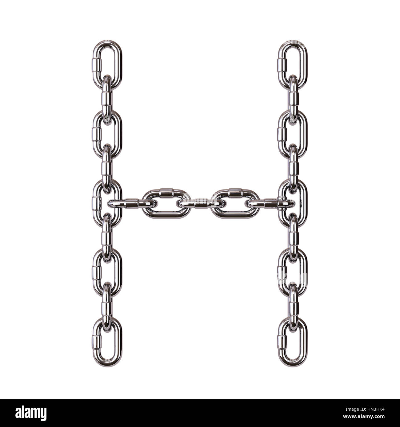 Fuente alfabeto letra H metal cromado de cadena. Aislado sobre fondo