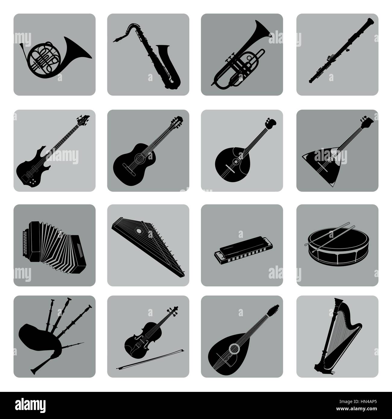 Instrumentos musicales conjunto de iconos. el folk, clásica, jazz, rock, música  étnica símbolos Imagen Vector de stock - Alamy