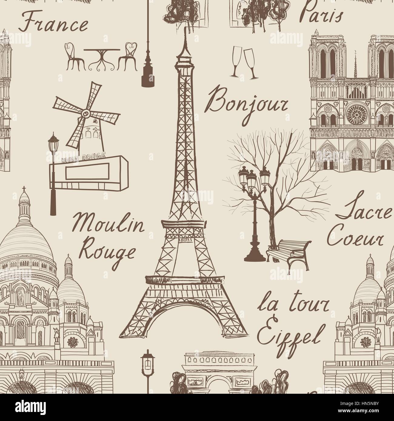 Viajes París patrón sin fisuras. vacaciones en Europa wallpaper. viajes para visitar los famosos lugares de Francia fondo. Hito mosaico grunge patrón. Ilustración del Vector