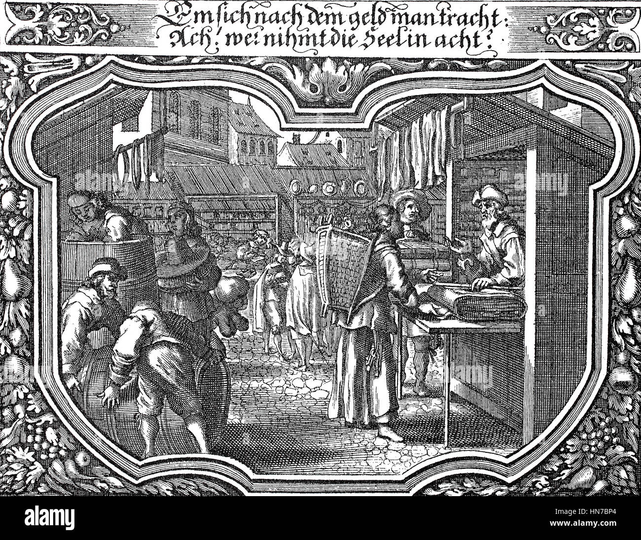 Mercado, justo en la Edad Media, ca 1650, Jahrmarkt im Mittelalter, ca 1650, xilografía de 1885, digital mejorado Foto de stock
