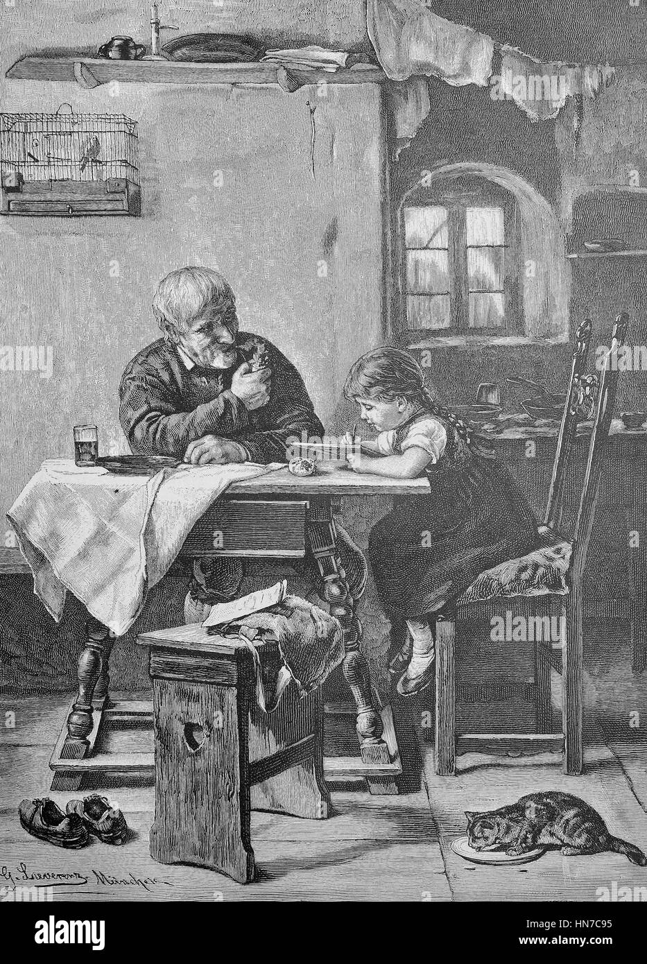 Bajo la supervisión del abuelo, niña practicando en un escrito de pizarra, Unter Grossvaters Aufsicht, Maedchen uebt auf einer Schiefertafel Schreiben, xilografía de 1885, digital mejorado Foto de stock