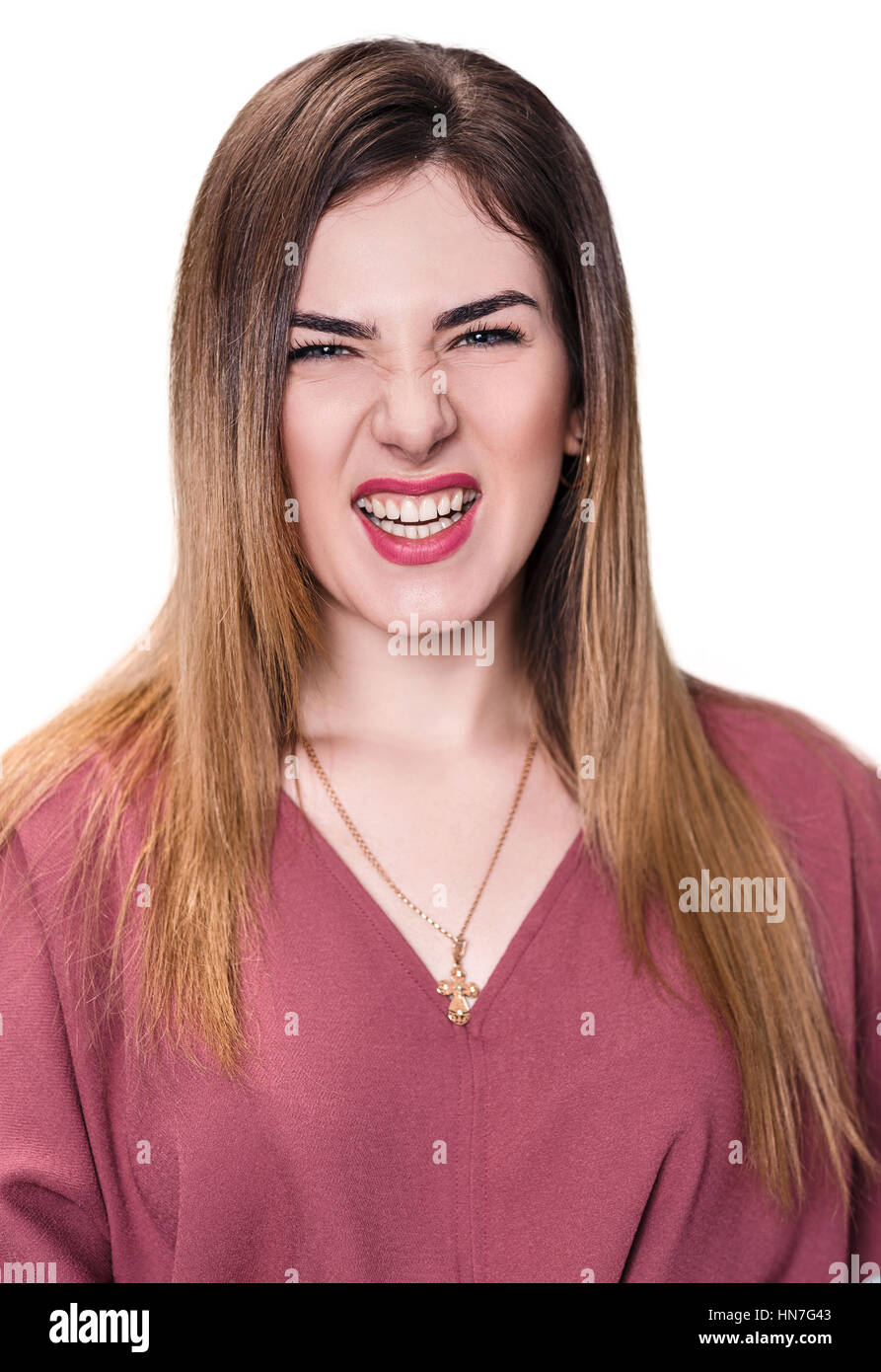 Retrato de mujer joven enojado. Foto de stock