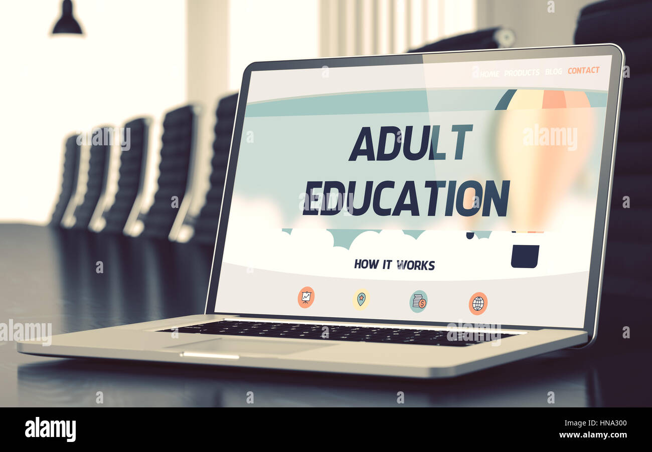 La educación de adultos en el portátil en la Sala de Conferencias. 3D. Foto de stock