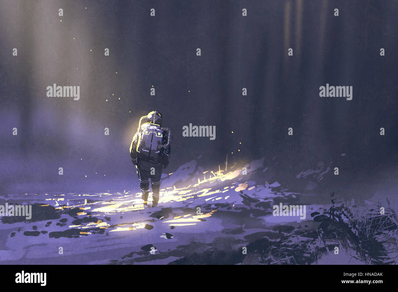 Solo el astronauta caminando en la nieve, ilustración pintura Foto de stock