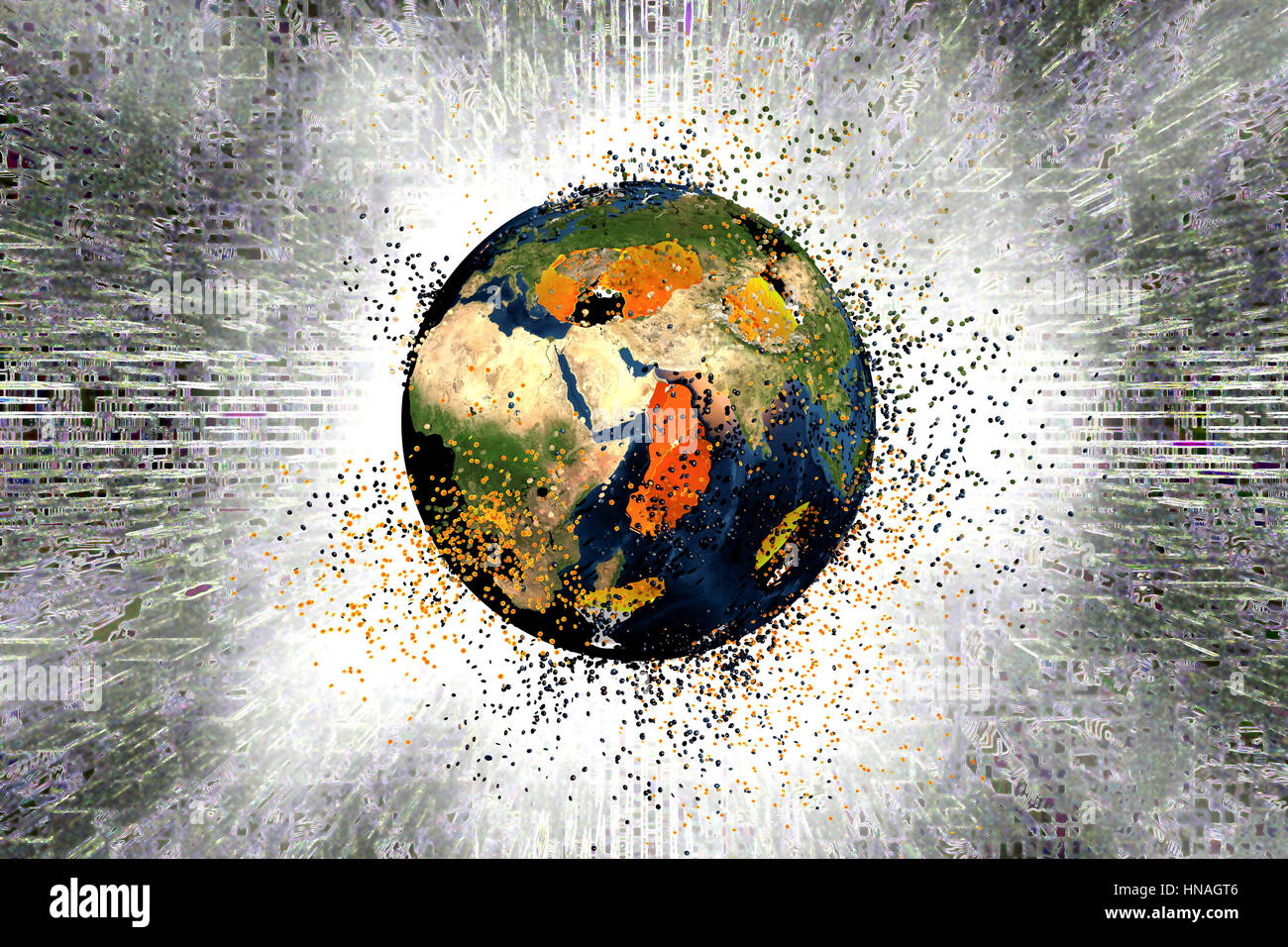 Destrucción de la tierra. Ilustración conceptual en la que se muestra la destrucción de la tierra por diversos problemas mundiales. Foto de stock