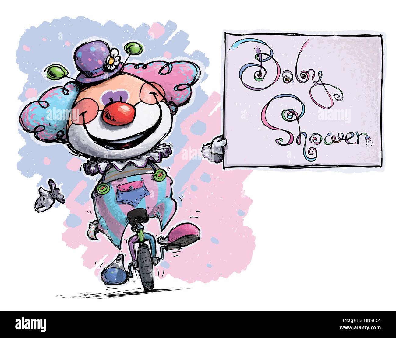 Cartoon-Artistic ilustración de un payaso en monociclo sosteniendo una  Tarjeta de Baby Shower Imagen Vector de stock - Alamy