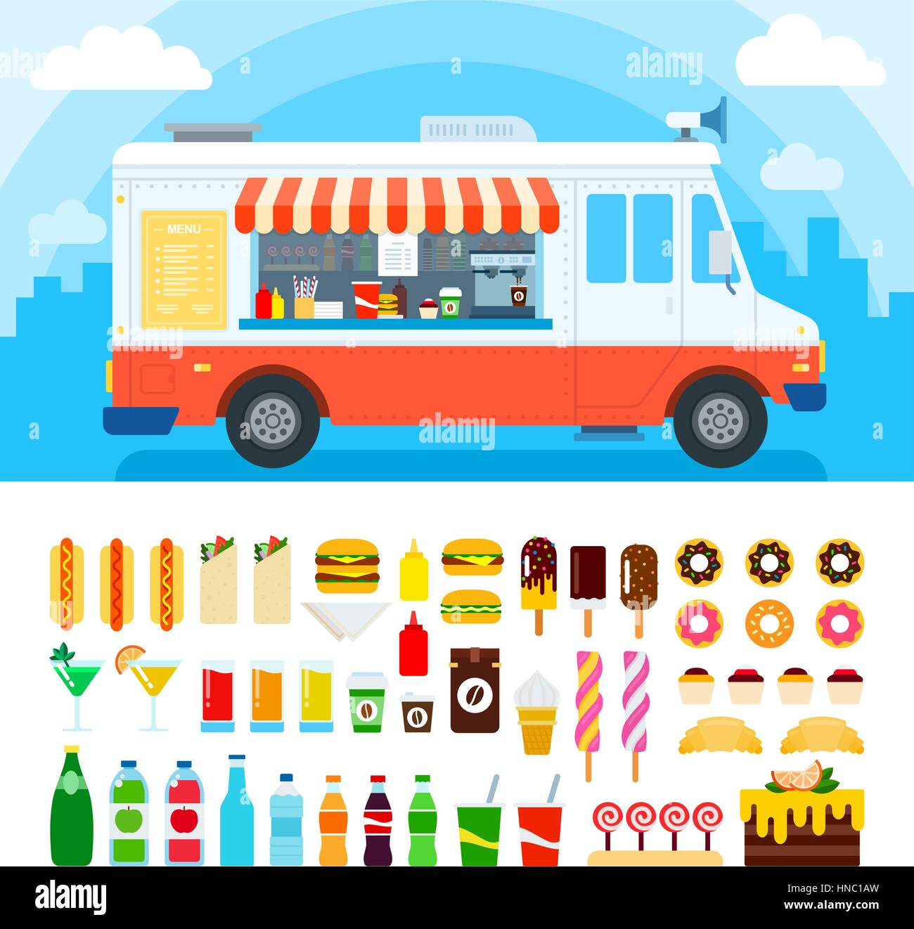 Cami n De Alimentos Vector Ilustraciones Planas Alimentos Retro Carretilla Con Comida R pida 